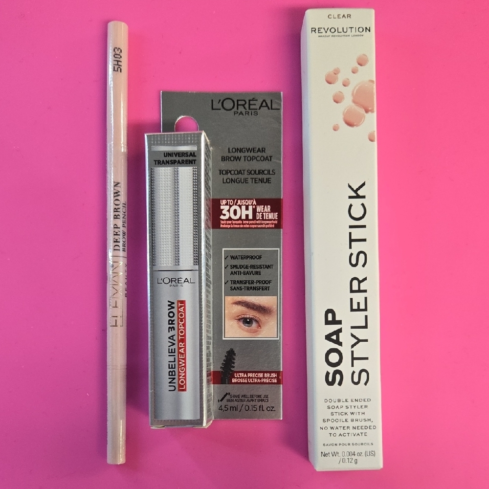 L'Oreal Unbelieva Brow Topcoat, Revolution Soap Styler, Eleman Brow Pencil Set